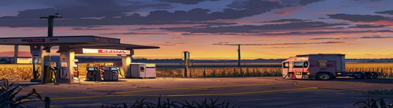 Panoramic view of a roadside fuel station forecourt at dusk, a row of fuel pumps with octane-rating displays, a tanker truck parked alongside, fields of corn stretching to the horizon behind, warm low sunlight, no people no faces no hands