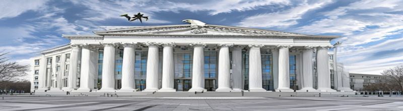Panoramic exterior view of the Federal Reserve Marriner S. Eccles building in Washington, neoclassical white marble facade with tall columns and a central eagle emblem, bare flagpoles, overcast spring sky, no people no faces no hands